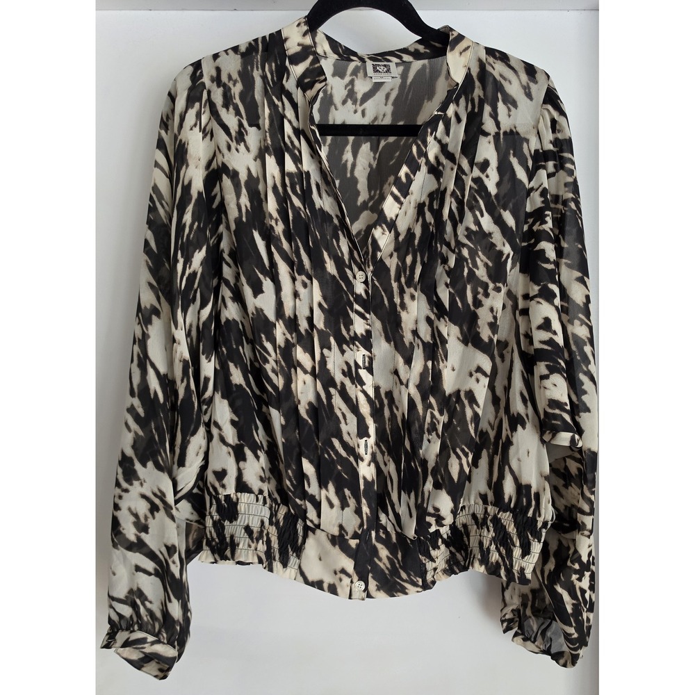 Anne Klein Blouse Women M Black White Abstract Collared Long Sleeve Top Shirt
